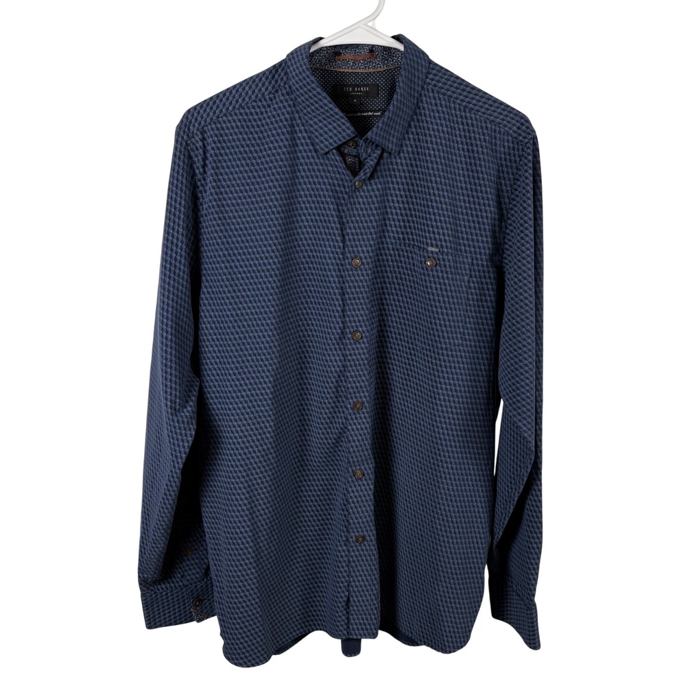 Ted Baker Button-Down Shirt Size L / 5 Blue Print Modal Blend Long Sleeve Luxe